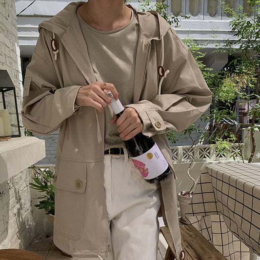 Retro Temperament Hooded Loose Casual Trench Coat