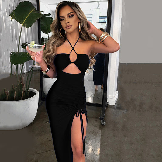 HLight Luxury Temperament Chest Hollow Out Back Halter Dress