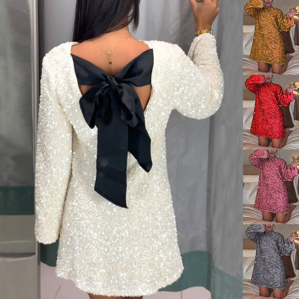 Sequin Long Sleeve Party Dress with Back Bow