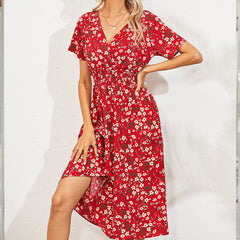 Summer Floral Print Short Sleeved V-neck High Waisted Dress A-line Skirt Mid Length Skirt