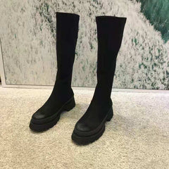 Elastic Thin Boots Women's Net Red Sponge Cake Round Head But Knee-high Tube