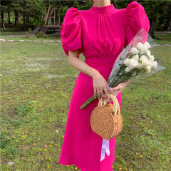 Red Strap Bubble Sleeve Backless Dress Summer