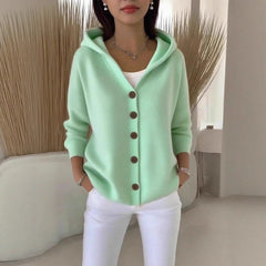 Ins Button Hooded Sweater Fashion Autumn And Winter Knitted Cardigan Casual Commuter Long Sleeve Top Women's Clothing