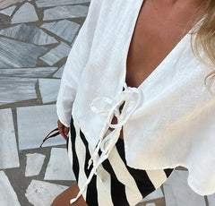 Deep V Bell Sleeve Tied Top Women