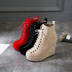High-heeled Sponge Cake Was Thin Suede Lace-up Women