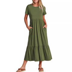 Women's Sub-round Neck Pleating Layered Large Swing Casual Dress
