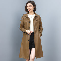 Women Leather Trench Spring Turn-down Collar Solid Color Drawstring Loose Long Sheepskin Coat