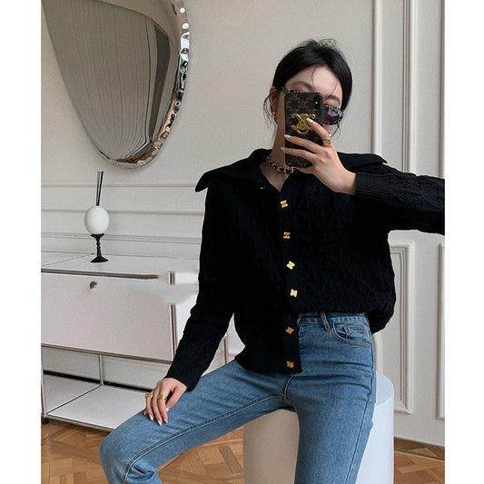 Temperament Lapel Gold Buckle Hollow Sweater Small Fragrance Cardigan
