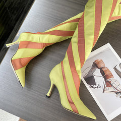 Pointed Heel Elastic Thread Stitching Mesh Long Tube Over The Knee Boots