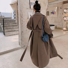Suit Collar Double-breasted Long Trench Coat With Waist And Back Cross