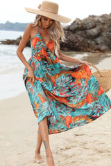 Printed Backless Sleeveless Drawstring V-neck Halter Dress