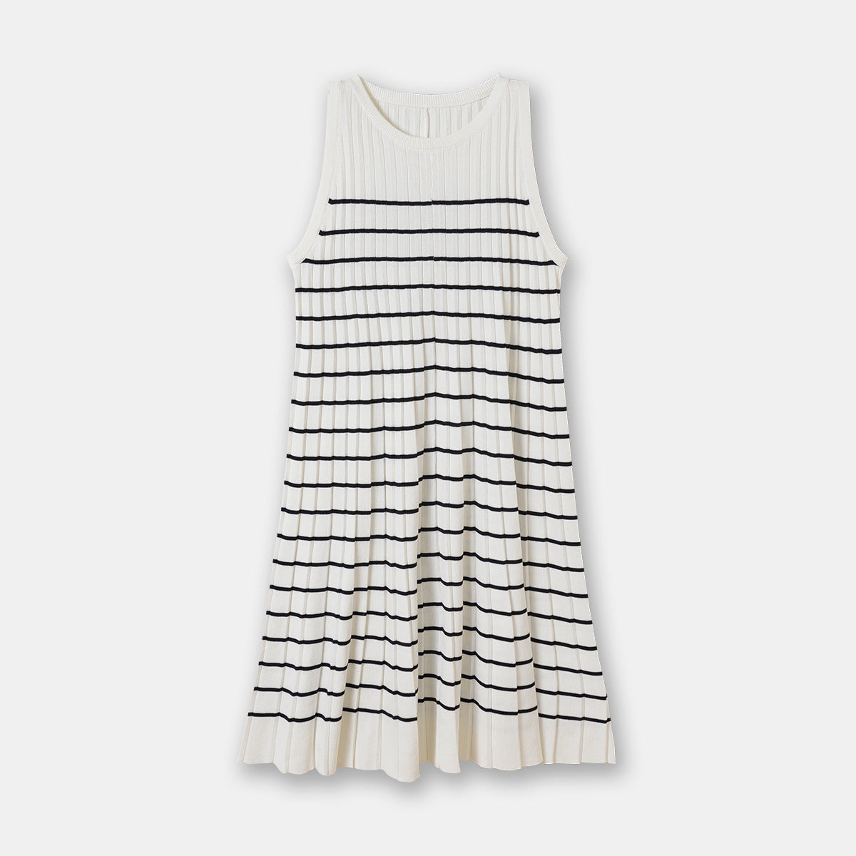 Casual Style A- Line Round Neck Pleated Dress Retro Vacation Striped Knitted Vest Skirt