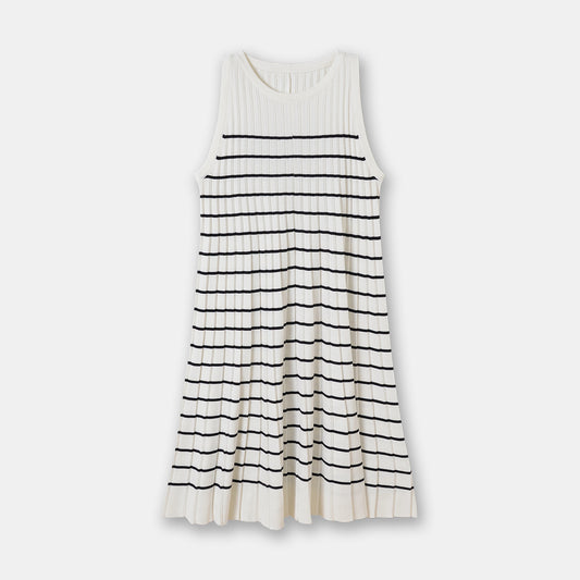 Casual Style A- Line Round Neck Pleated Dress Retro Vacation Striped Knitted Vest Skirt