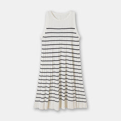Casual Style A- Line Round Neck Pleated Dress Retro Vacation Striped Knitted Vest Skirt