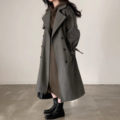 Double Breasted Lace-up Waist-controlled Slimming Mid-length Woolen Coat