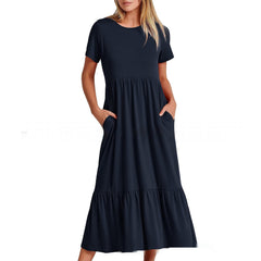 Women's Sub-round Neck Pleating Layered Large Swing Casual Dress