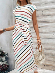 Waist Strap Striped Round Neck Short Sleeve And Long Pattern Dress