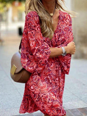 New Printed Long Sleeve A-Line Boho Dress