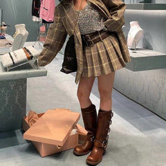 Female Genuine Leather Retro Metal Leather Ring Knee Boots