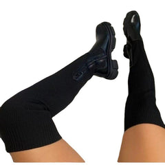 Women's Over-the-knee Round Toe Pure Color Flying Knit Socks Boots