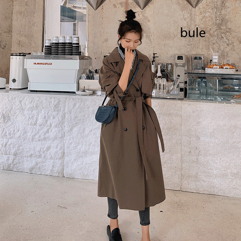 Suit Collar Double-breasted Long Trench Coat With Waist And Back Cross