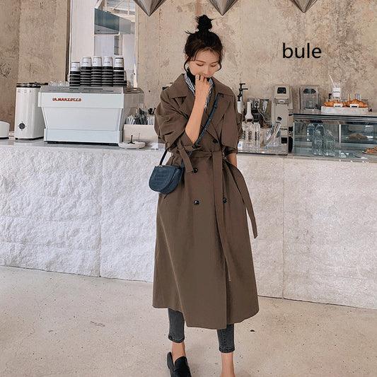 Suit Collar Double-breasted Long Trench Coat With Waist And Back Cross