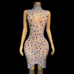 Lace Color Crystal Long Sleeve Women Party Dress Hot Drilling Evening Dress