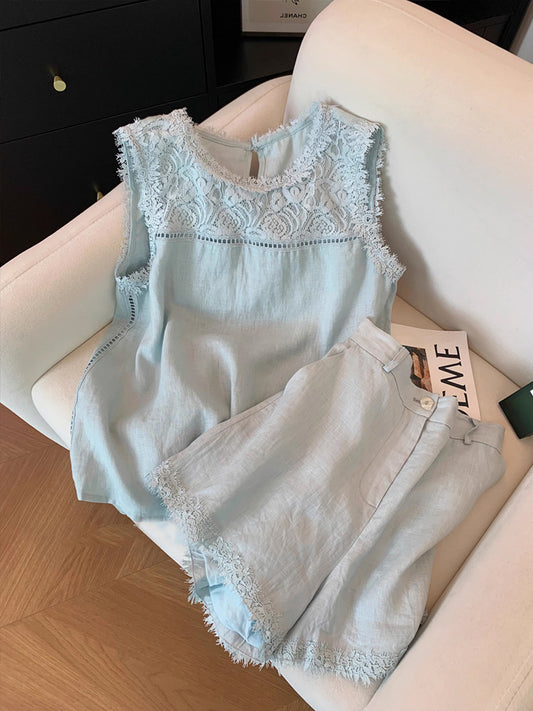Lace Stitching Sleeveless Cotton And Linen Suit Women