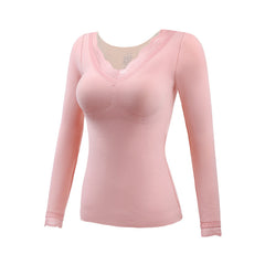 Thermal Underwear Women's Suit With Chest Pads Sexy V-neck Lace Long Sleeves