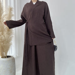 Solid Color Casual Lace Up Middle East Dubai Top And Skirt Suit