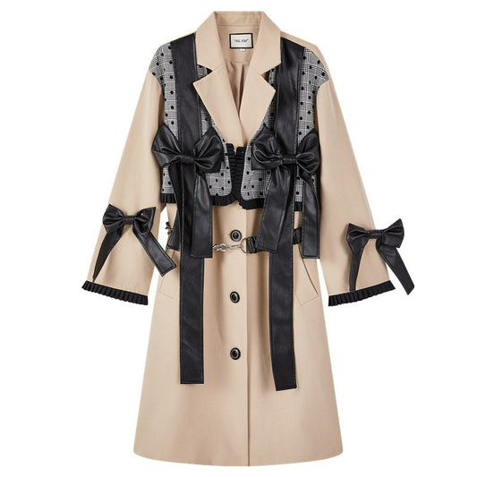 European Version Loose British Style Khaki Windbreaker Bow Fake Two Piece Splicing Long Coat
