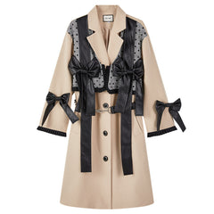 European Version Loose British Style Khaki Windbreaker Bow Fake Two Piece Splicing Long Coat