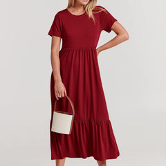 Women's Sub-round Neck Pleating Layered Large Swing Casual Dress