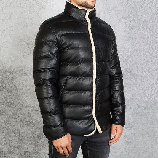 Black PU Leather Puffer Jacket Mid-length Slim-fit Men's Bread Jacket