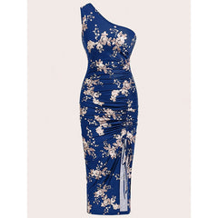 Women's One Shoulder Bodycon Dresses Summer 2025 Ruched High Split Floral Beach Cocktail Wedding Guest Dress