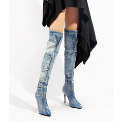 Denim Over The Knee Elegant Slim Heel Heel Riding Boots