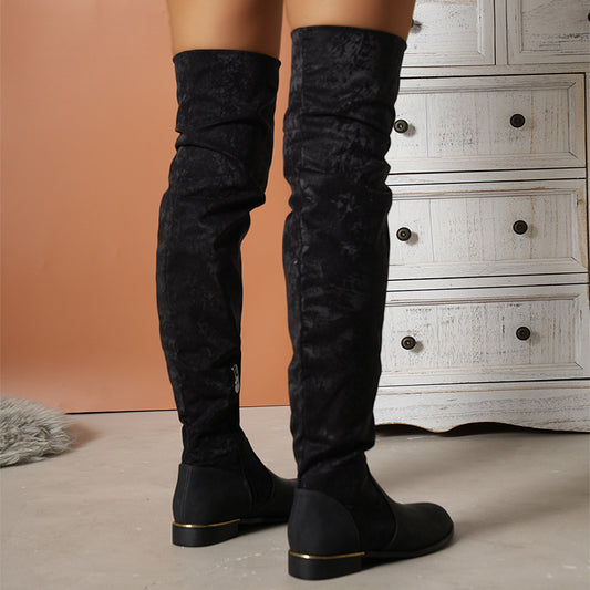 Fashion Over-the-knee Boots For Women Suede Stitching Low-heeled Long Boots  Winter