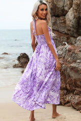 Printed Backless Sleeveless Drawstring V-neck Halter Dress