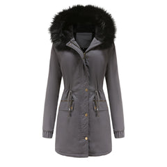 Women's Plush Hooded Parkas Winter Warm Thick  Zip-up Jackets Casual Mid-length Solid Buckle Pockets Coat Outerwear Clothing
