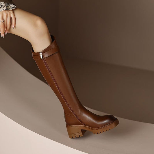 Leather Heel Knee Boots British Style Round Toe Chunky