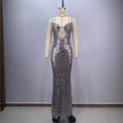 Fashion Backless V Sequined Suspender Ruffled Long Sheath Dress