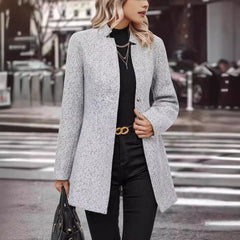 Long Sleeve Solid Color Stand Collar Button Trench Coat Fashion Women's Casual Woolen Coat