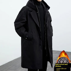 Coat Men's False Two Pieces Hooded Mid-length Trench Coat