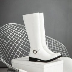Womens Boots Shoes Flat Knee High Pu Leather  Buckle Riding Calf