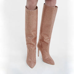 Pointed Toe Cashmere Solid Color Women's Rhinestone Stiletto Heel Knee Boots
