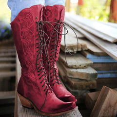 Medium thick heel lace mid-tube boots women boots