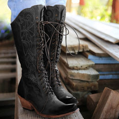 Medium thick heel lace mid-tube boots women boots