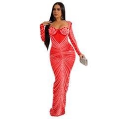 Women's Hot Drilling Mesh See-through Long Sleeve Dress