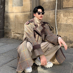 Striped wool and contrast woolen coat