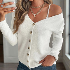 Women's V-Neck Button Front Long Sleeve Knit Cardigan For Spring & Fall Elegant For Casual Wear